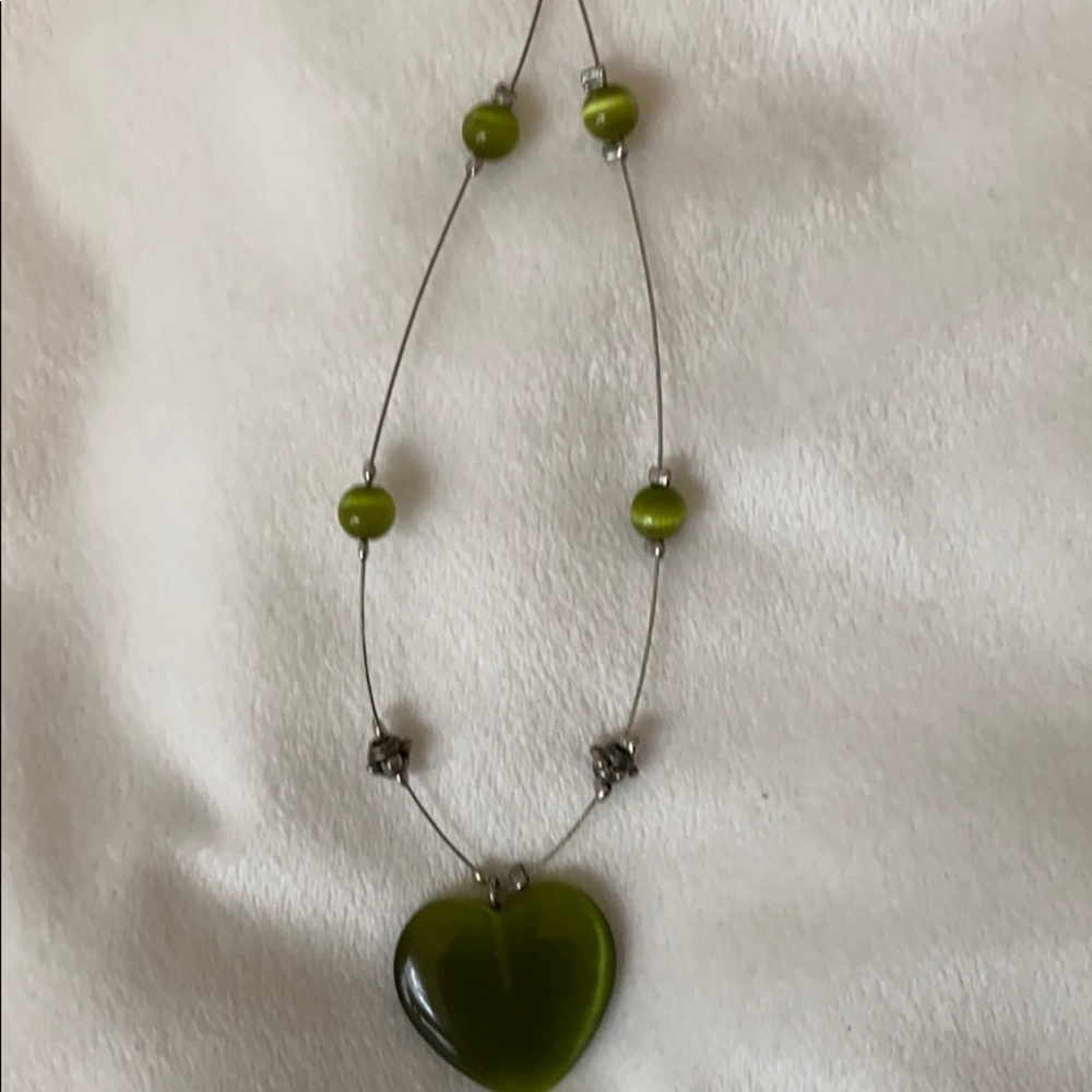 $20 1” Green Heart Pendant 18” Beaded Necklace
